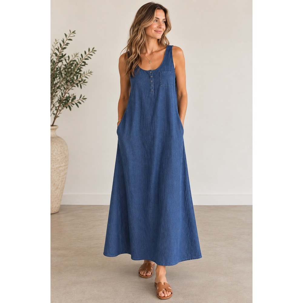 Soft Surroundings Maxi Dress Womens Tall XL Blue Denim Henley Sleeveless Modest